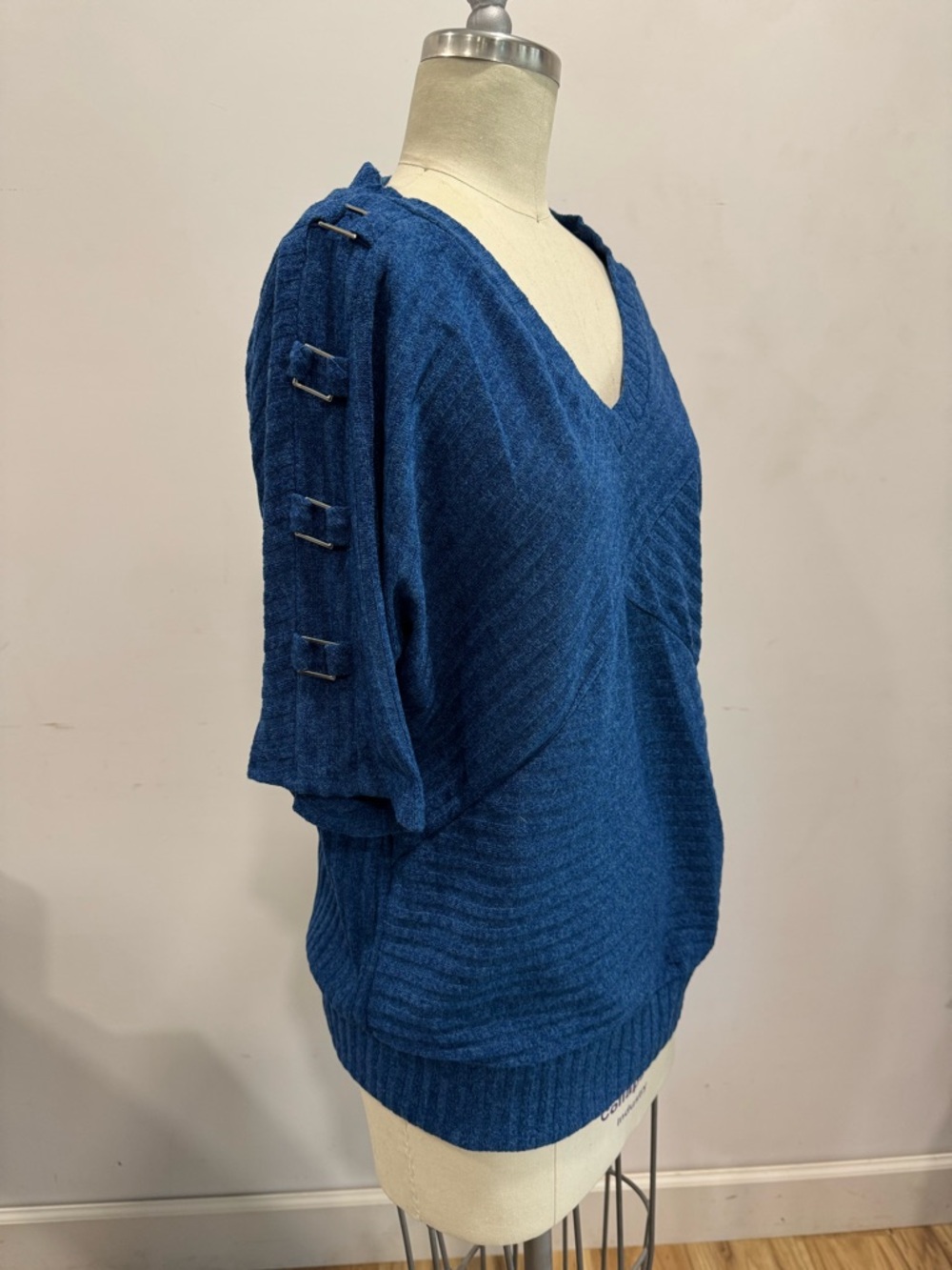 V-Neck Blue Knit Sweater with Sleeve Tab Details